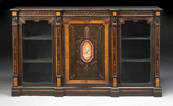 Appraisal: An English Aesthetic movement gilt metal mounted marquetry paint decorated