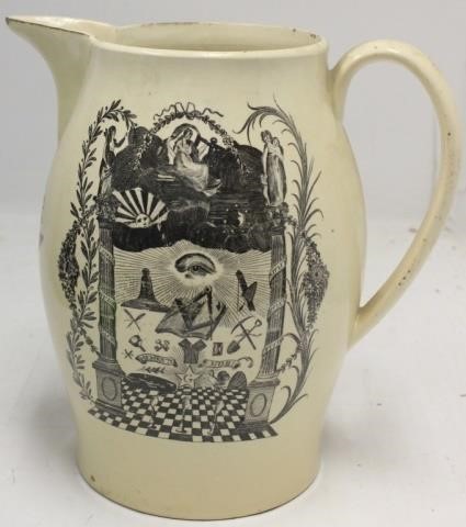 Appraisal: LIVERPOOL TRANSFERWARE HANDLED PITCHER MASONICEMBLEMS AND MOTTO TH C SHOWS