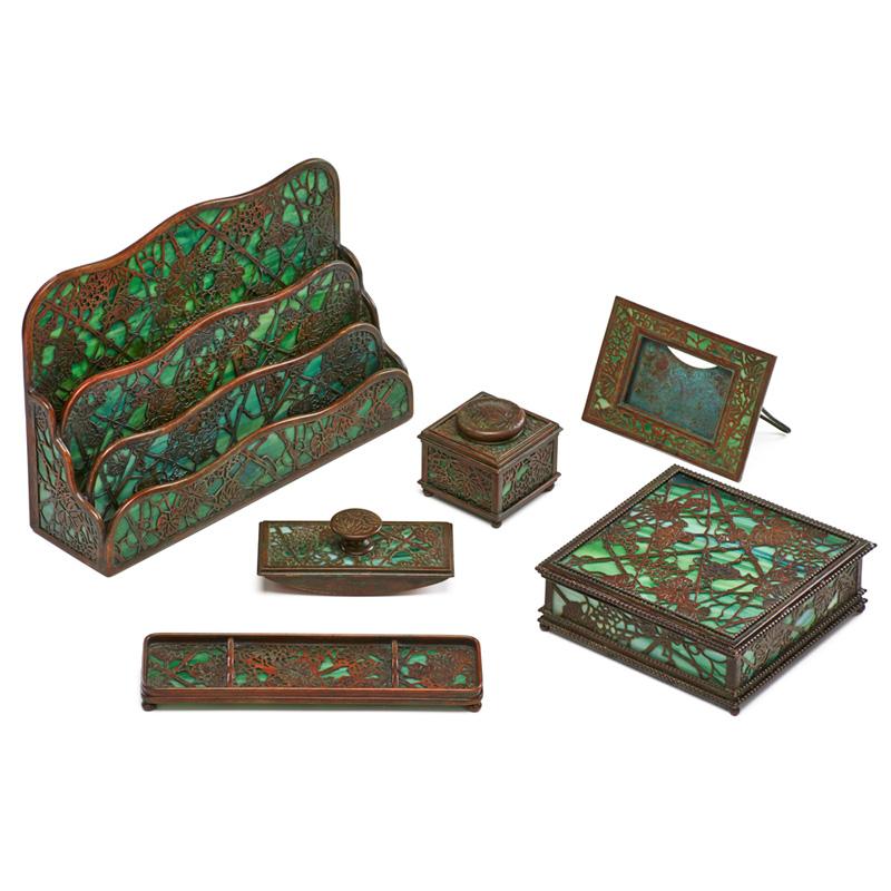 Appraisal: TIFFANY STUDIOS Six desk set pieces Grapevine Condition Report Later