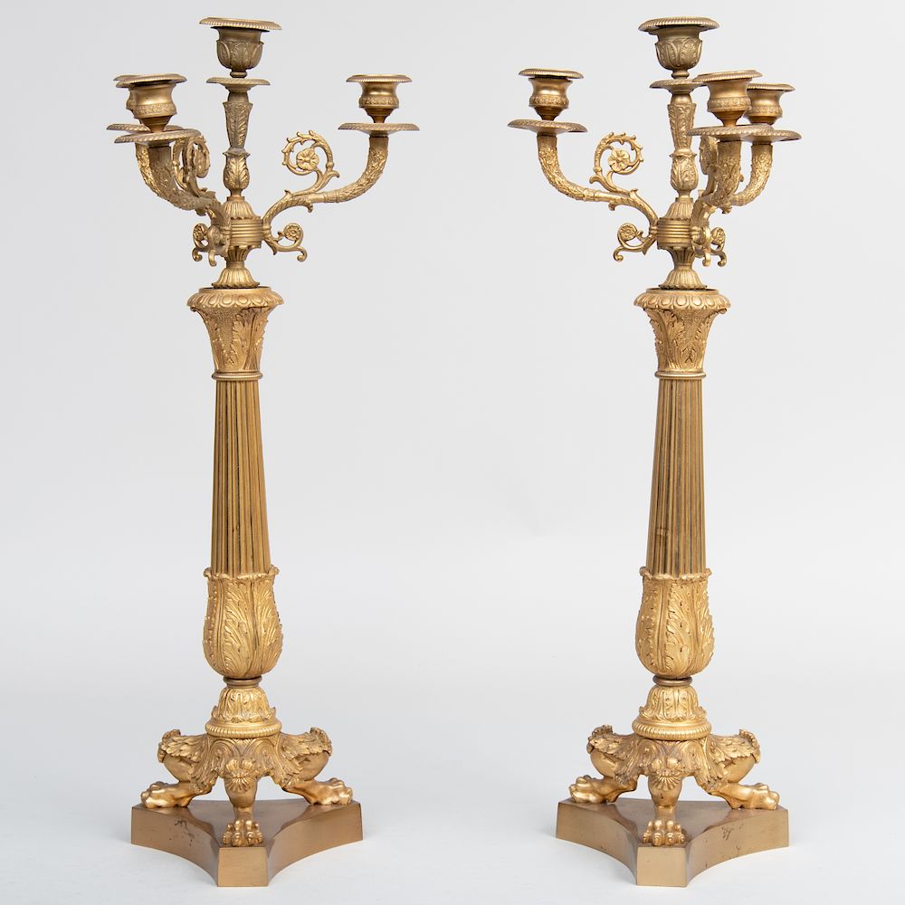 Appraisal: Pair of Restauration Style Gilt-Bronze Four-Light Candlesticks With removable arms