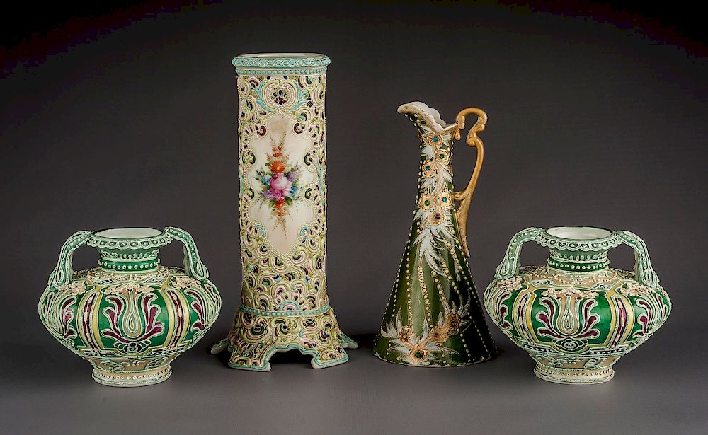 Appraisal: Pcs Moriage Porcelain Incl Vases Ewer DESCRIPTION Four pieces moriage