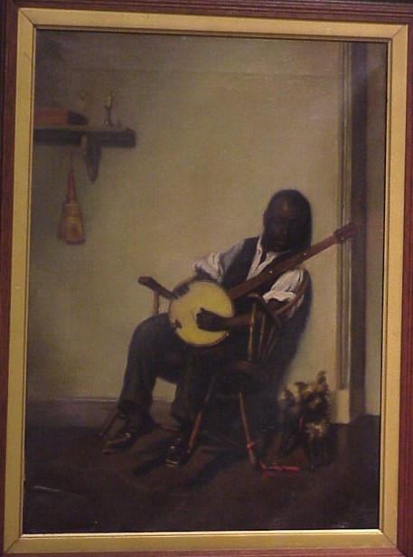 Appraisal: Black youth with banjo tilted back in his chair dog