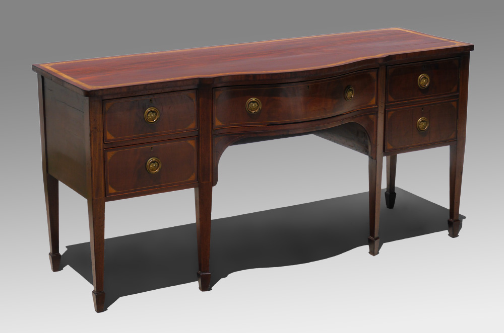 Appraisal: BANDED MAHOGANY SHERATON STYLE SIDEBOARD Shaped banded inlay mahogany top