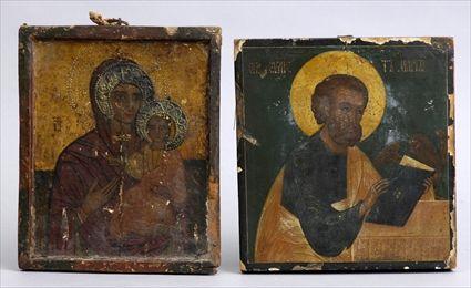 Appraisal: TWO RUSSIAN ICONS OF ST MARK AND THE MADONNA AND