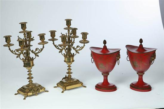 Appraisal: PAIR OF URNS AND BRASS CANDELABRA Continental th century Red