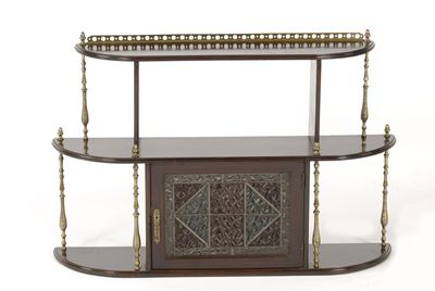 Appraisal: An Aesthetic Movement shelf unit with brass columns and rails