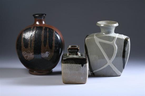 Appraisal: THREE JAPANESE STUDIO POTTERY VASES One marked Hamada Shoji of