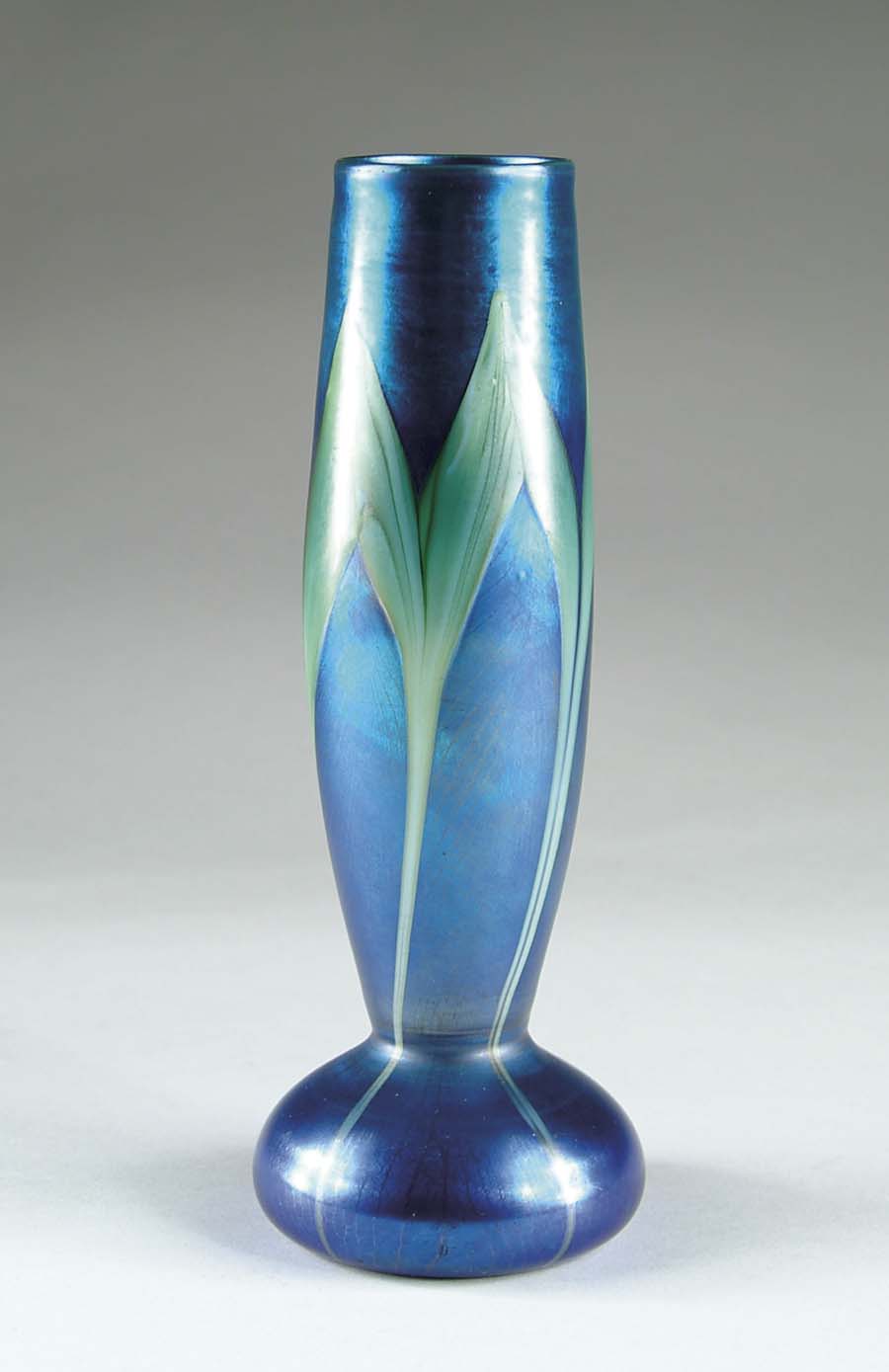 Appraisal: TIFFANY DECORATED VASE Blue Favrile glass vase decorated with green