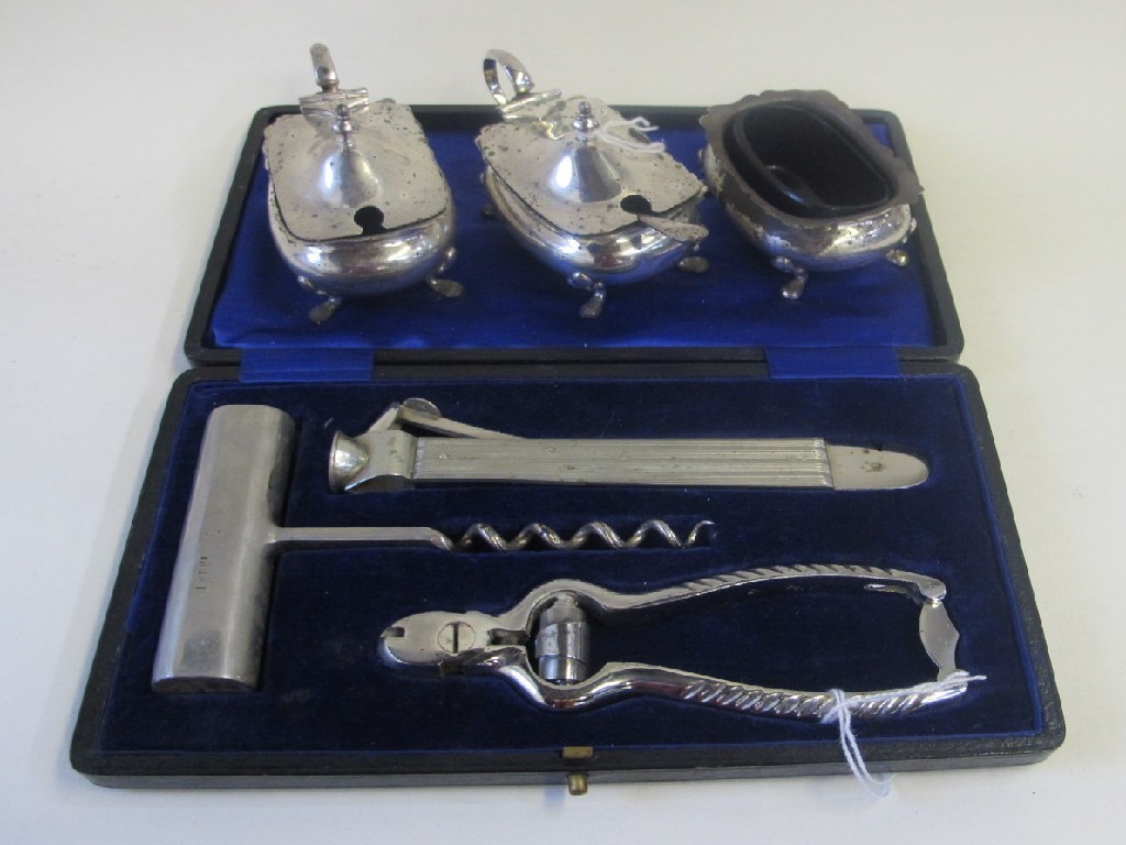 Appraisal: Lot comprising three piece silver condiment set - corkscrew cigar