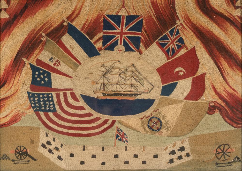 Appraisal: ENGLISH WOOLWORK PICTURE OR WOOLIE circa depicting a ship surrounded