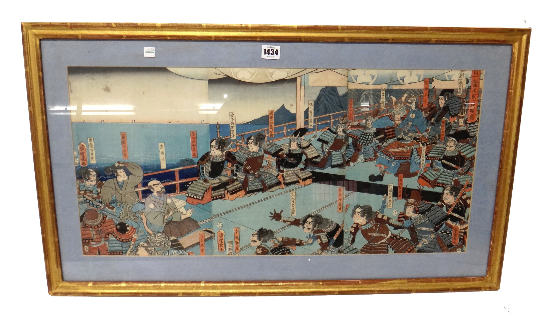 Appraisal: Utagawa school two triptychs each depicting warriors on a boat