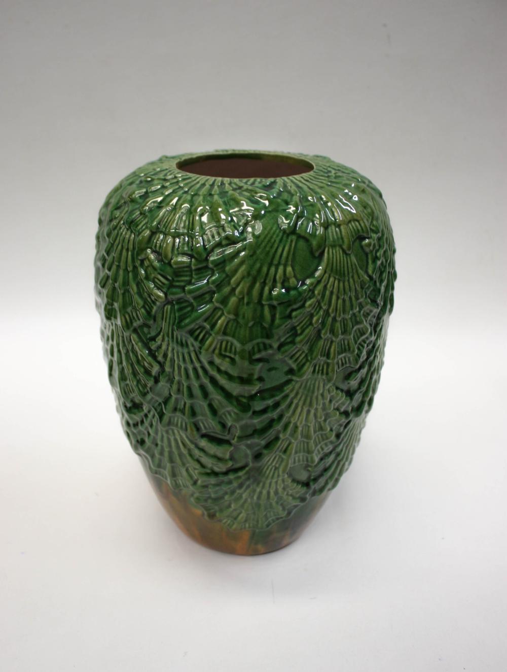 Appraisal: MAJOLICA GLAZED VASE of ovoid form featuring relief overlapping shell