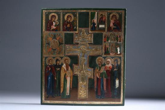 Appraisal: RUSSIAN ICON OF THE CRUCIFIXION WITH SAINTS First half th