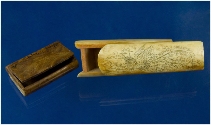 Appraisal: Chinese Bone Scrimshaw The Sliding Lid Decorated With An Oriental