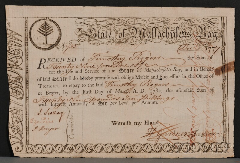 Appraisal: Revolutionary War Promissory Note Signed document December st issued by