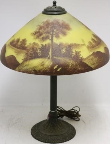 Appraisal: PITTSBURGH LAMP CO CHIPPED ICE PATTERN REVERSEPAINTED LAMP PAINTED LAKE