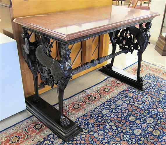 Appraisal: EMPIRE STYLE MARBLE-TOPPED BRONZE CONSOLE TABLE featuring a rectangular rose