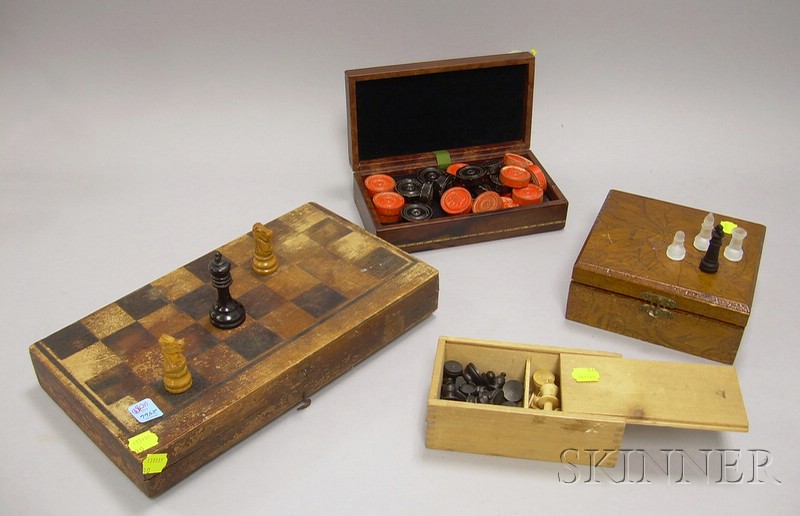 Appraisal: Four Cased Game Sets two wooden chess sets one with