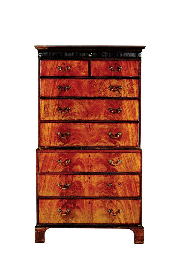 Appraisal: George III mahogany chest-on-chest circa dentil-molded crown and fluted frieze