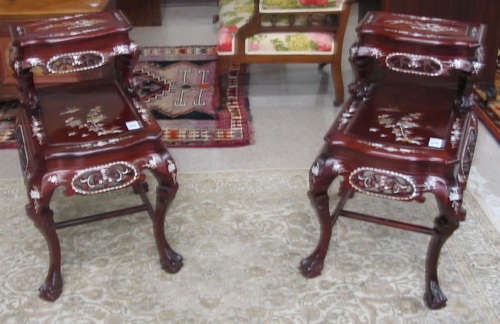 Appraisal: PAIR OF CHINESE CHIPPENDALE STYLE INLAID ROSEWOOD END TABLES each