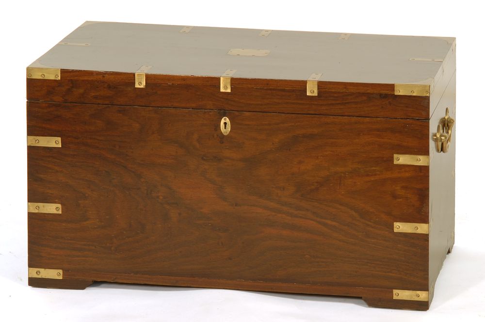 Appraisal: BRASS-BOUND LIFT-TOP CAMPAIGN TRUNK th CenturyIn rosewood Brass handles Height