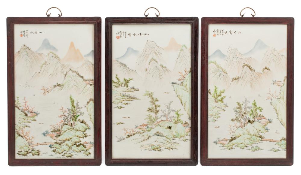 Appraisal: Three Chinese Framed Polychrome Porcelain Wall Panels th c painted