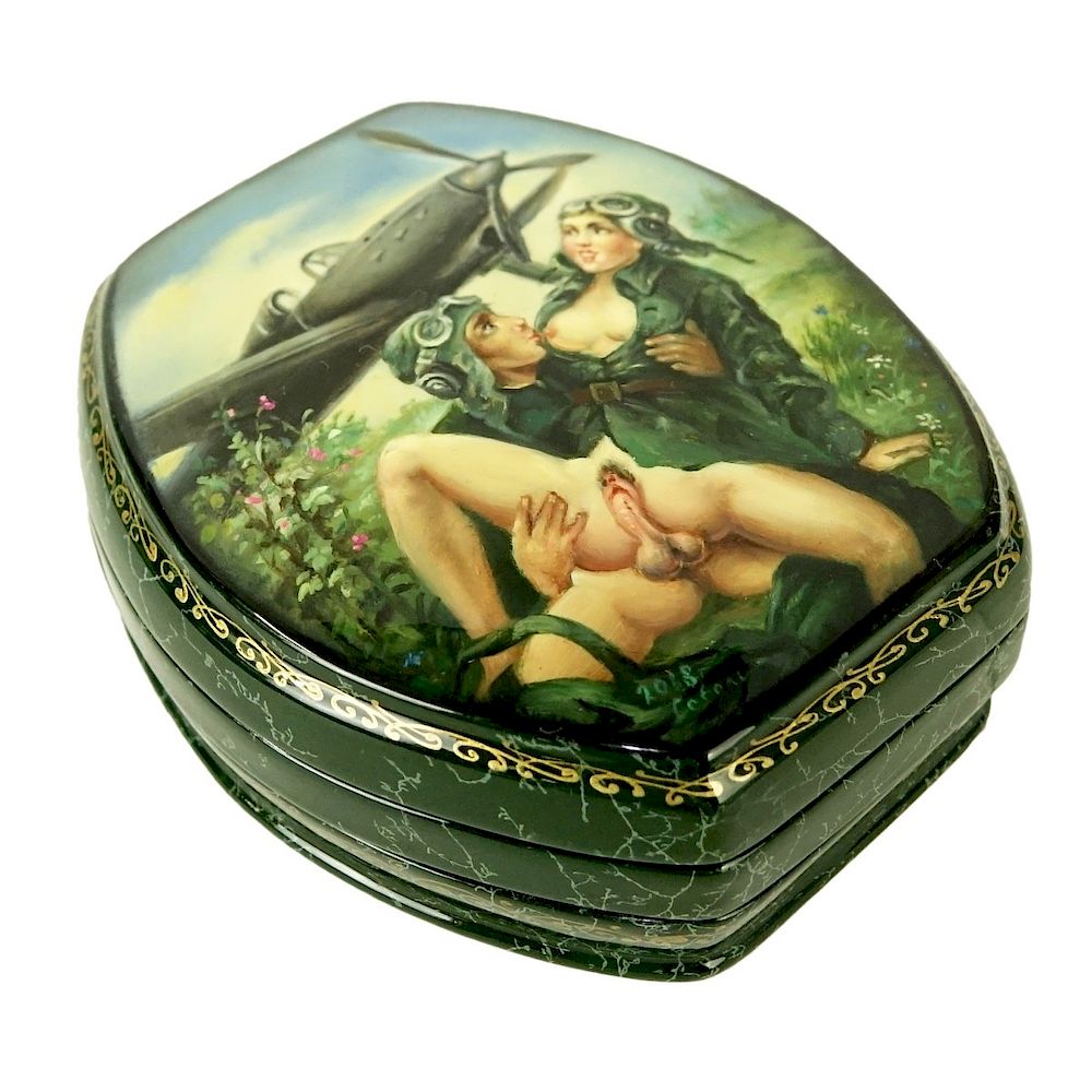 Appraisal: Russian Lacquered Three Part Box with Erotic Scene Russian Lacquered