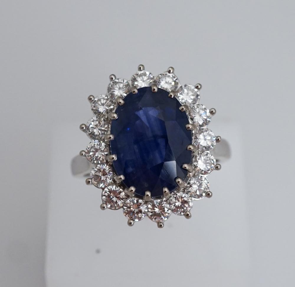 Appraisal: FRENCH -KARAT WHITE-GOLD BLUE SAPPHIRE AND DIAMOND RINGFrench -Karat White-Gold