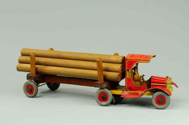 Appraisal: STRAUSS TIMBER KING TRUCK Lithographed tin red cab with wood