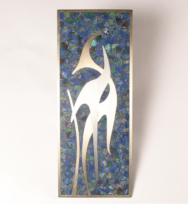 Appraisal: Sigfrido Pineda mosaic and steel inlay wall plaque with zoomorphic