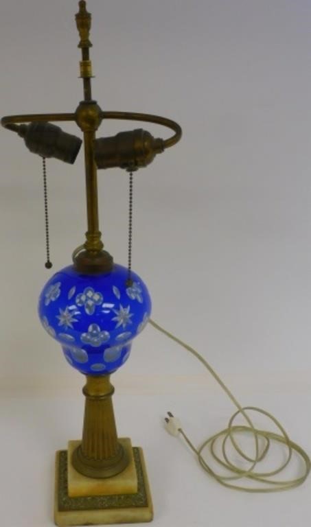 Appraisal: TH CENTURY DOUBLE CUT OVERLAY OIL LAMP BLUEand opaque over