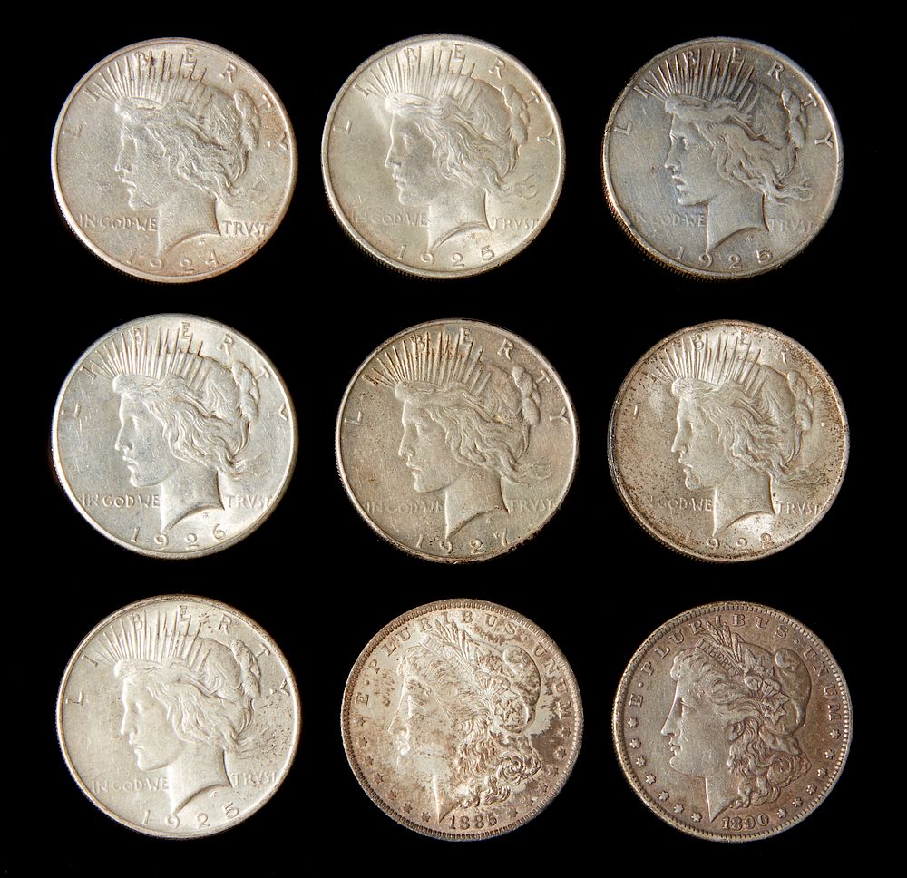 Appraisal: Nine Morgan Peace Silver Dollars Nine Morgan and Peace silver