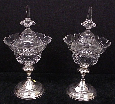 Appraisal: Pair of cut glass covered sweetmeat dishes mounted on silver