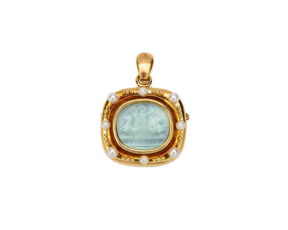 Appraisal: ELIZABETH LOCKE K Gold Glass Intaglio Mother-of-Pearl and Pearl Pendant