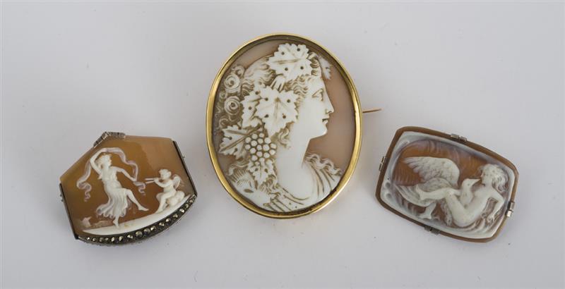 Appraisal: Three Shell Cameo Pins One of Flora mounted in k