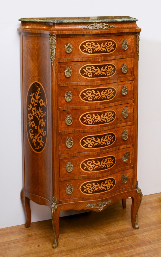 Appraisal: INLAID MARBLE TOP DRAWER CHIFFONIER Shaped green variegated marble top