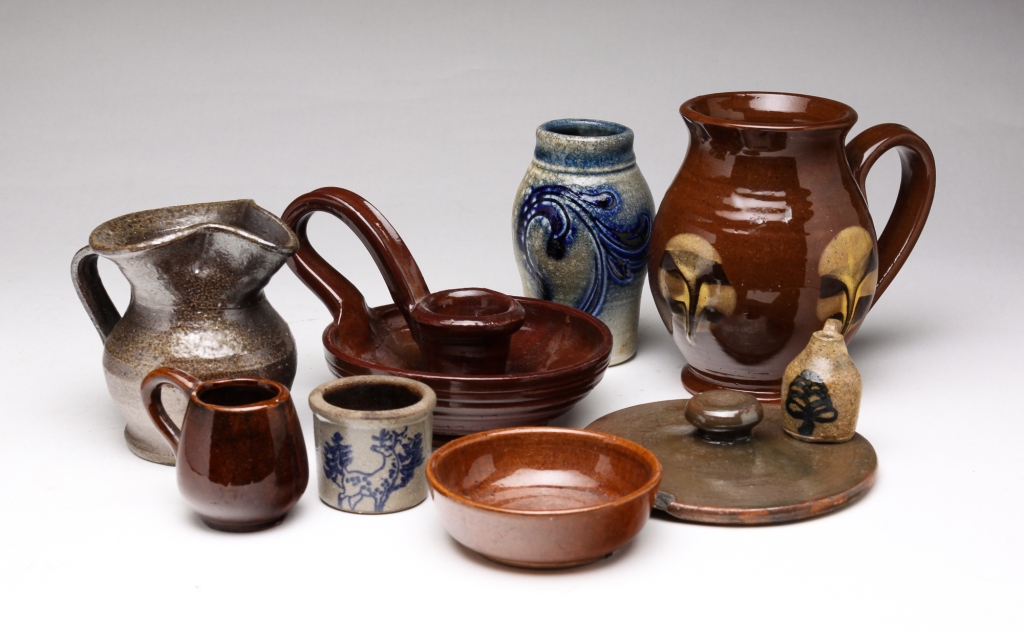 Appraisal: GROUP OF CONTEMPORARY CERAMICS Twentieth century Sturbridge Village redware chamberstick