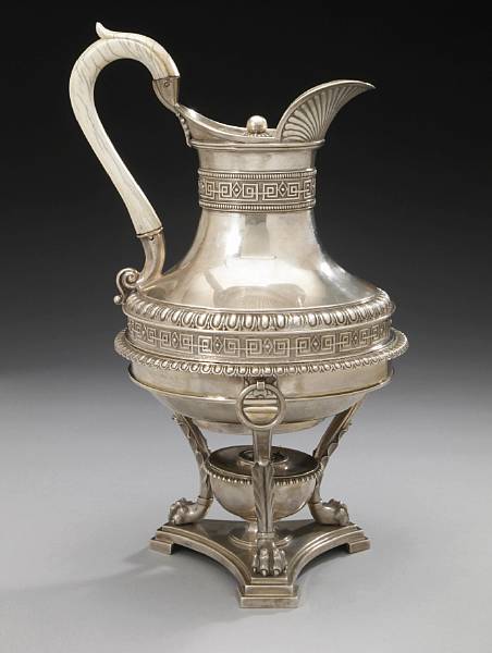 Appraisal: A George III silver and ivory jug with lamp standBenjamin