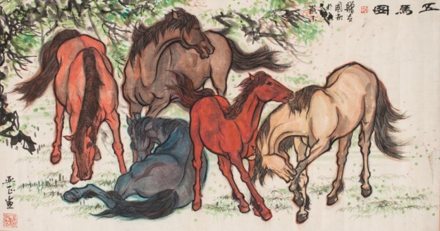 Appraisal: Chinese ink and rice paper scroll depicting the horses of