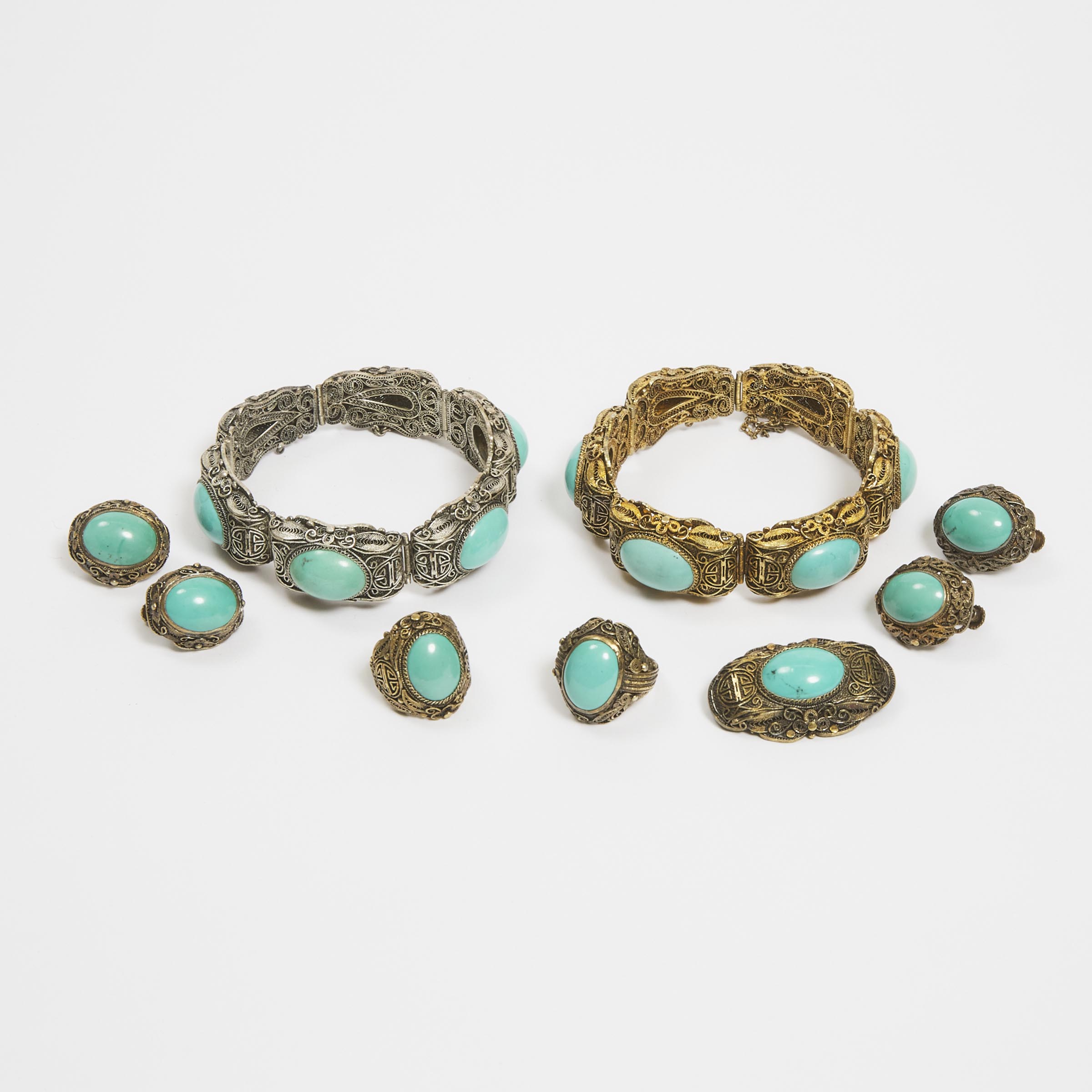 Appraisal: Two Sets of Nine Chinese Silver-Gilt Filigree and Turquoise-Inlaid Jewellery