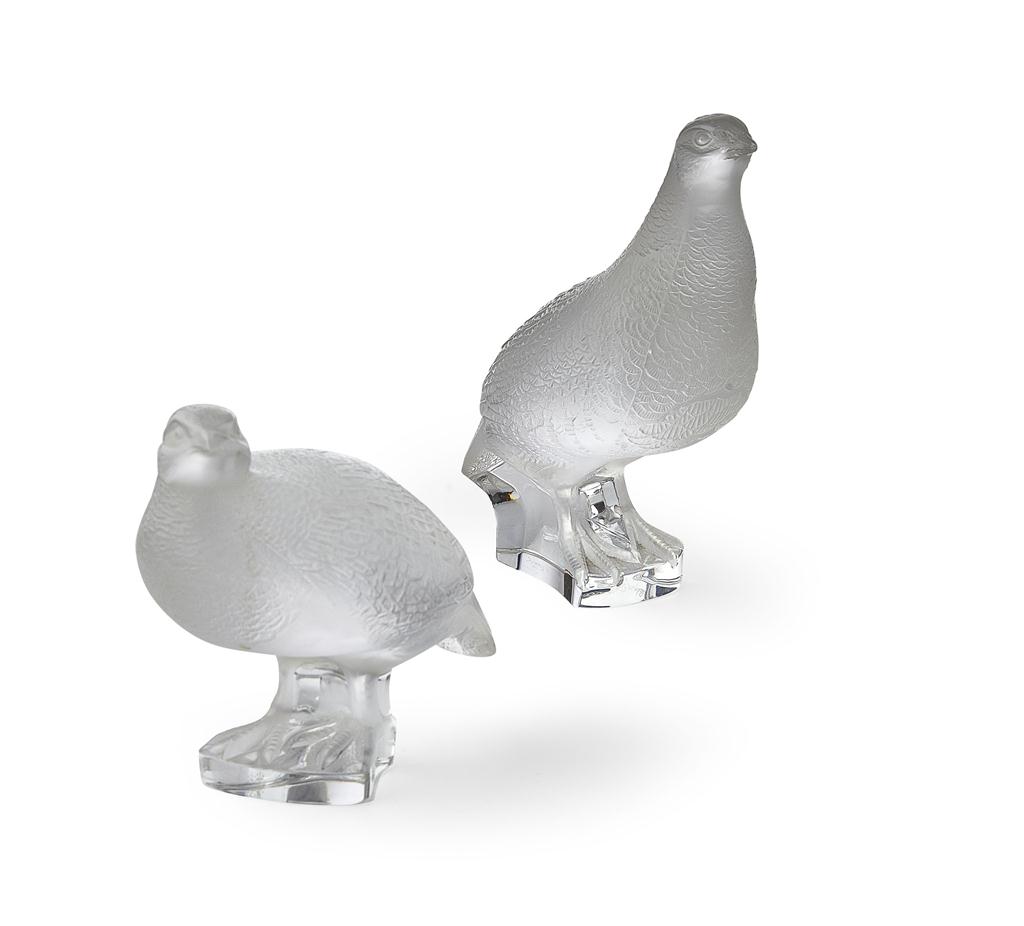 Appraisal: CRISTAL LALIQUE PAIR OF CLEAR AND FROSTED GLASS PARTRIDGE FIGURES