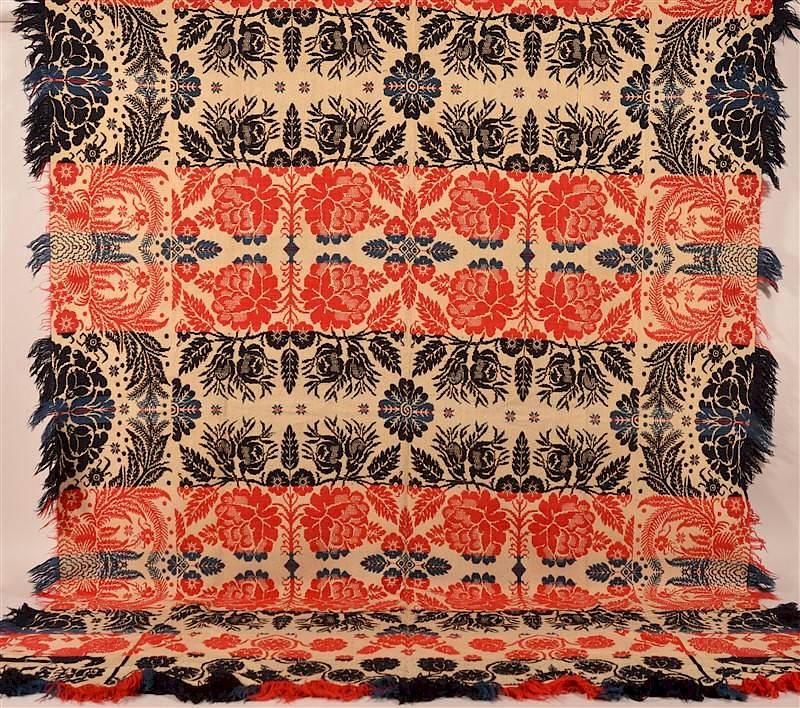 Appraisal: Two Part Four Color Jacquard Coverlet th Century Two Part