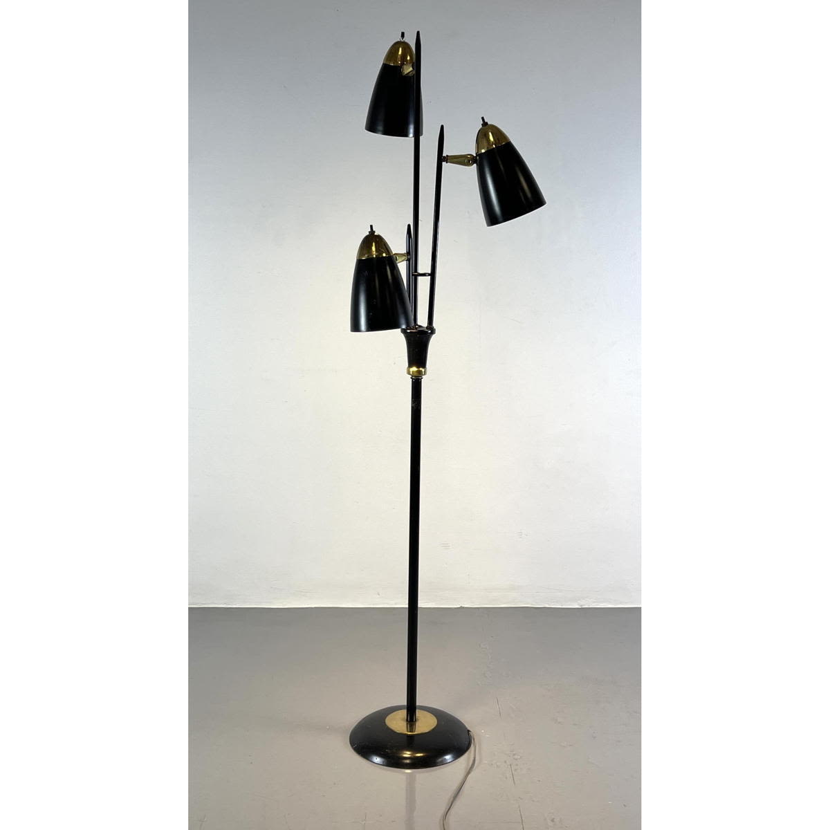 Appraisal: Black Enamel and Brass Three Shade Floor Lamp Modernist Lighting