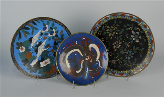 Appraisal: THREE JAPANESE CLOISONNE CHARGERS one depicting flying cranes diameter inches