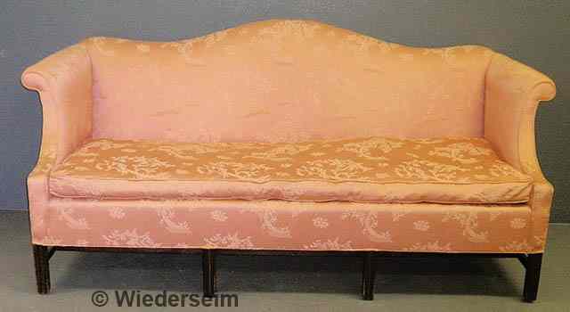 Appraisal: Chippendale style mahogany camelback sofa with salmon damask upholstery h