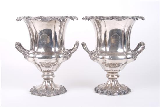 Appraisal: A Pair of Sheffield Plate Wine Coolers Height inches