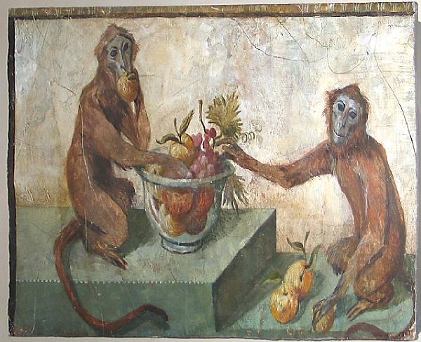 Appraisal: An oil on board of monkeys eating a bowl of