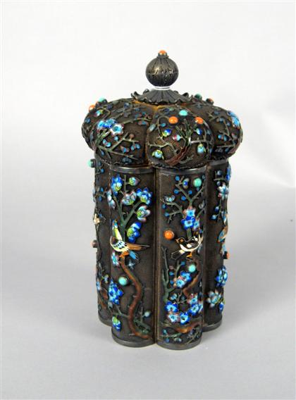 Appraisal: Chinese enamel filigree coral and turquoise mounted white metal box