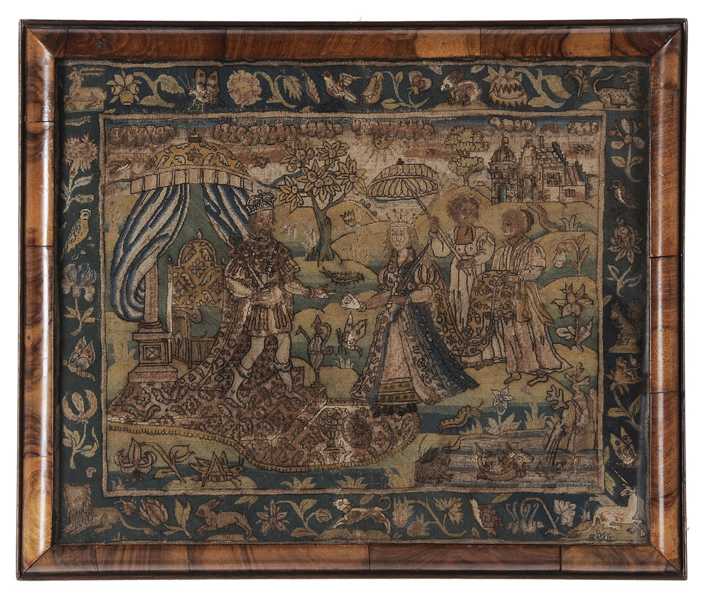 Appraisal: th Century Embroidered Panel British depicting the Queen of Sheba