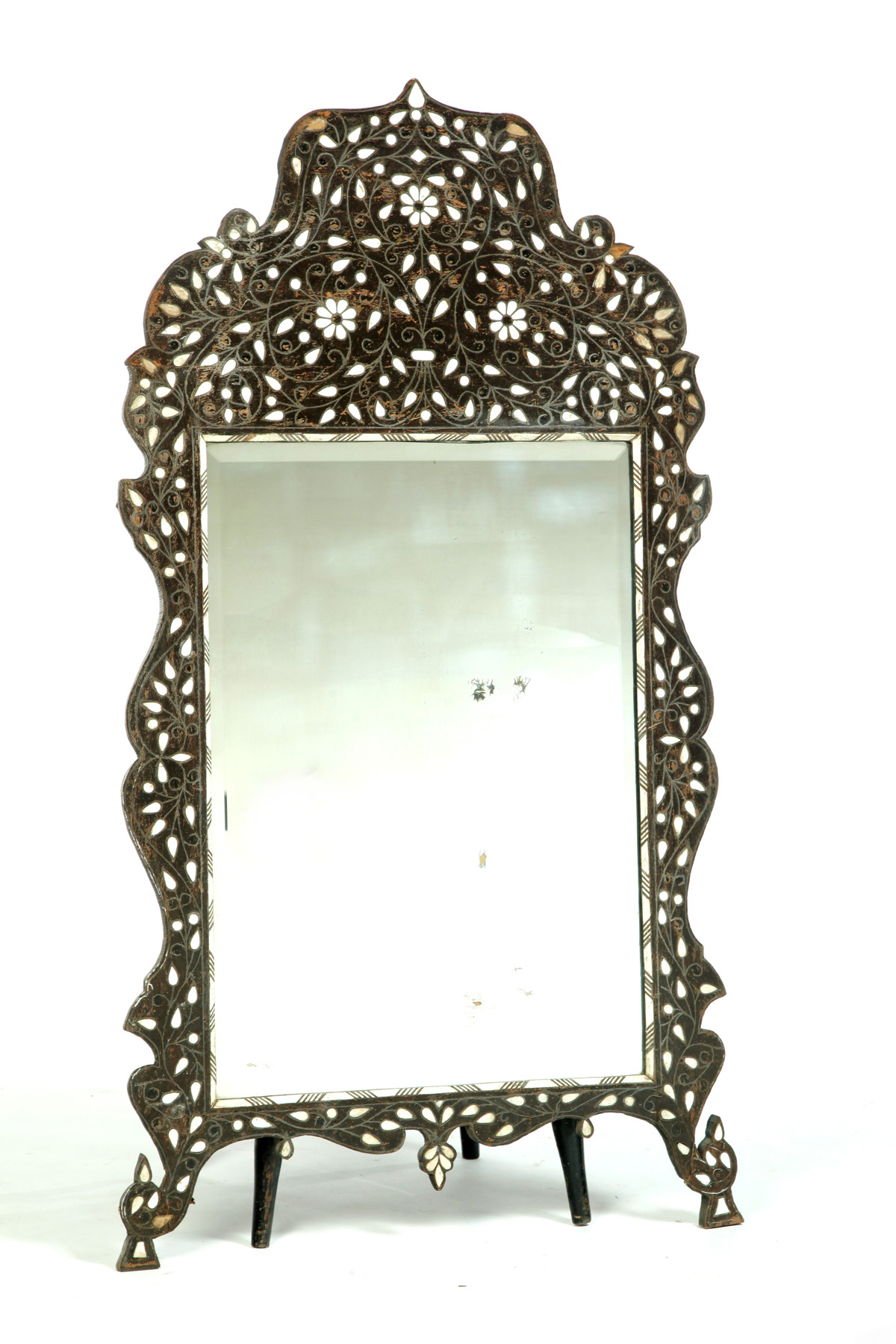 Appraisal: ASIAN INLAID MIRROR Twentieth century hardwood Scroll-cut mirror with mother